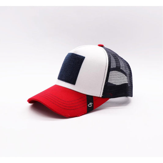 Casquette Scratchys Trucker Blanc Visière Rouge Filet Bleu -