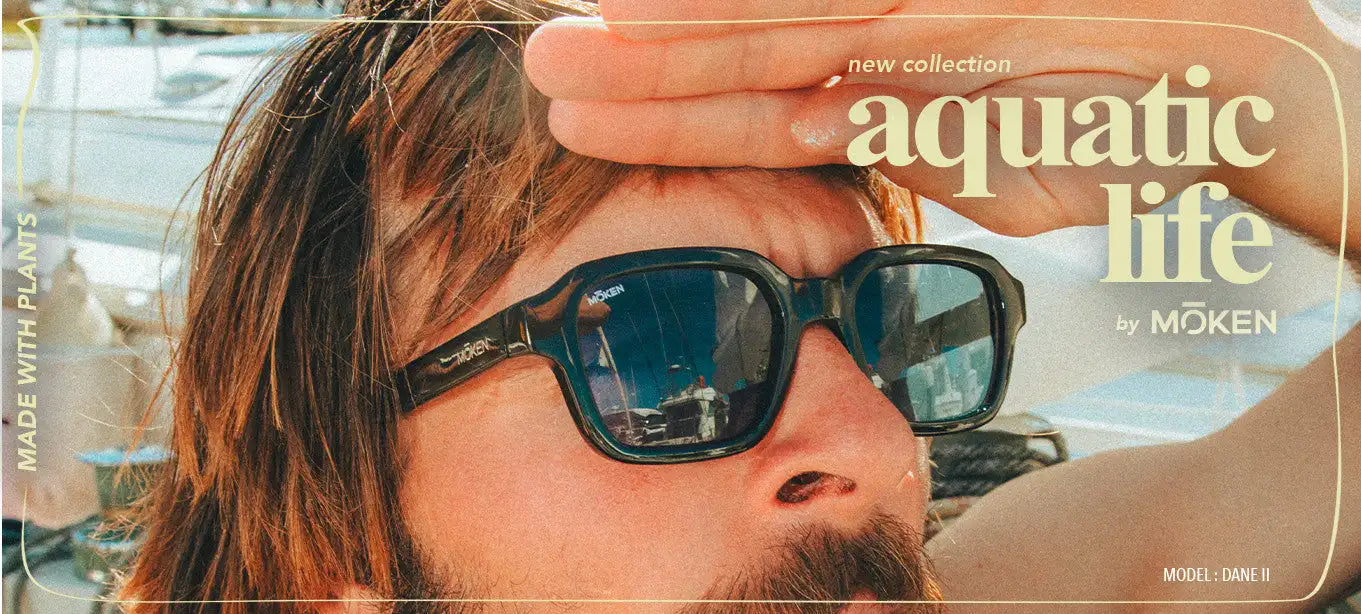 Lunettes de soleil Ray-Ban à monture noire avec verres réfléchissants, faisant partie de la collection 'aquatic life' de Möken.
