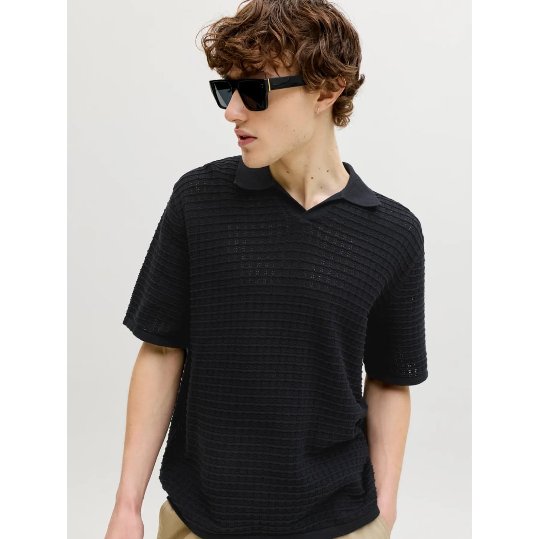 Polo Jack & Jones JORNANTUCKET Knit Split Neck Black