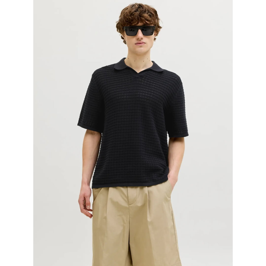 Polo Jack & Jones JORNANTUCKET Knit Split Neck Black