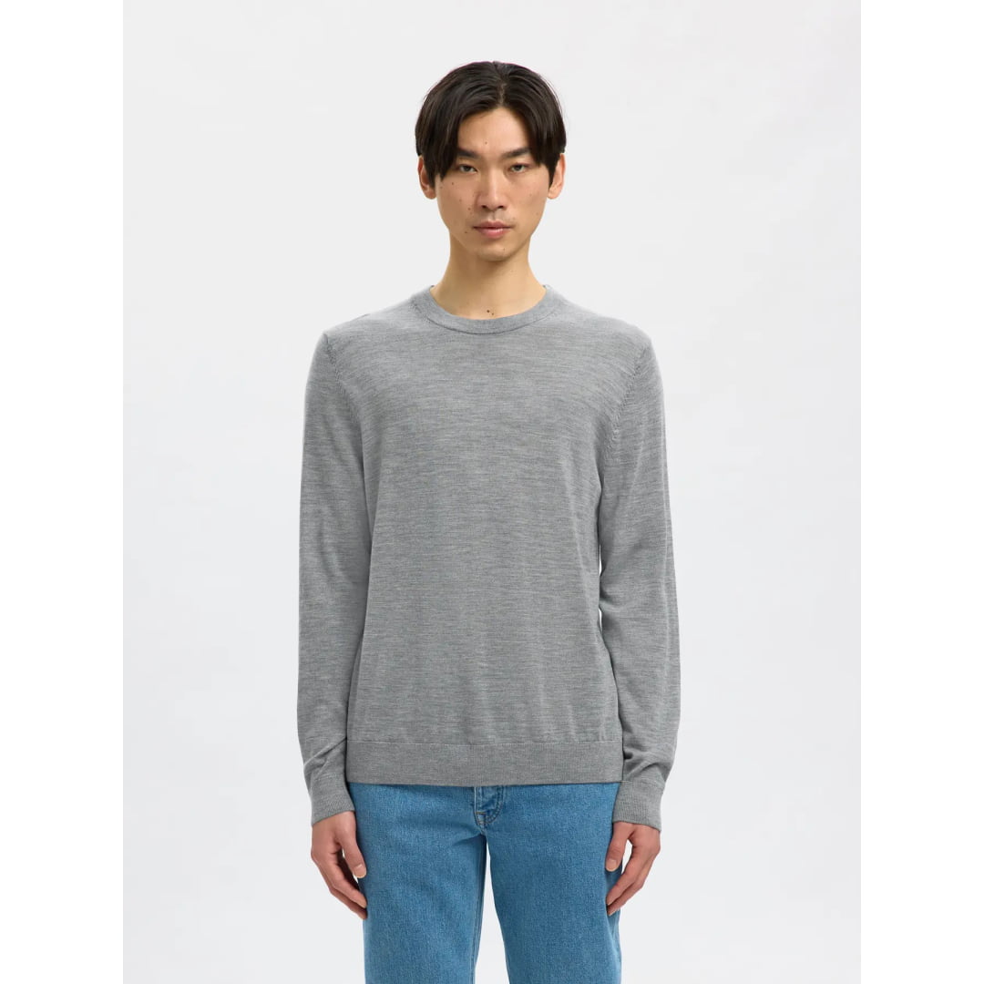 Pull Selected SLHTRAY Merino Crew Neck Medium Grey Melange