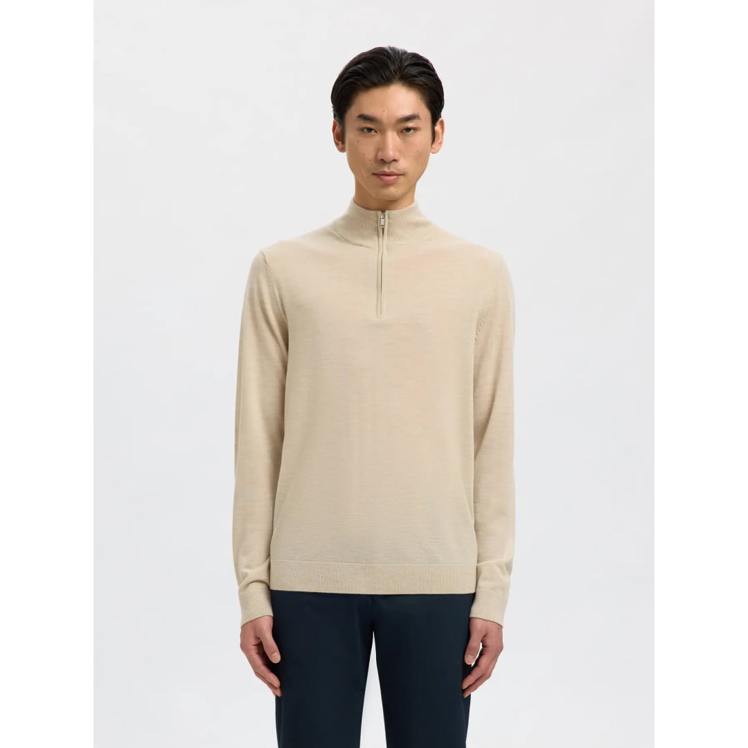Pull Selected SLHTRAY Merino Half Zip Oatmeal Melange