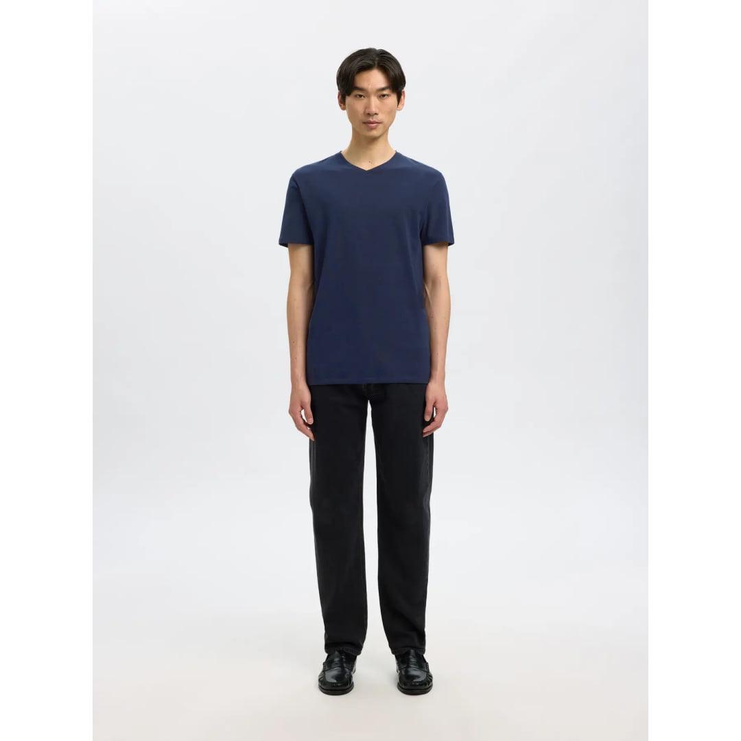 T-shirt Selected SLHNEWPIMA SS V-Neck Navy Blazer