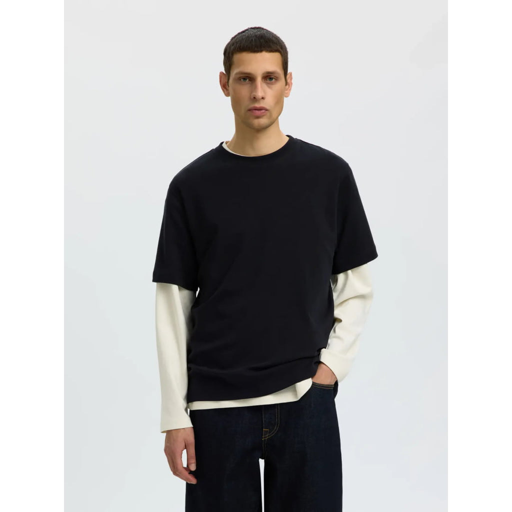T-shirt Selected SLMTAJ MID WGT Peach SS O-Neck Black