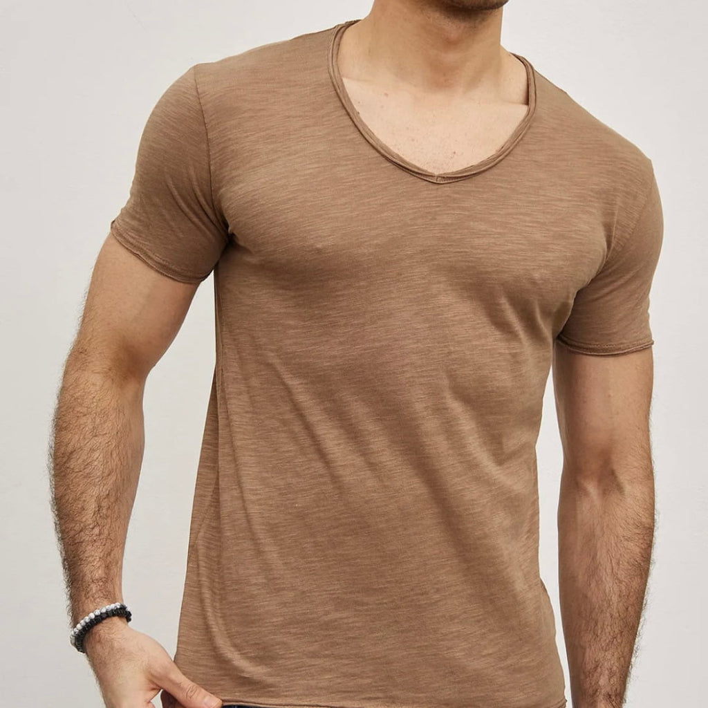 T-shirt Y.Two Col V F037 Camel - Y.two v - Insidshop.com