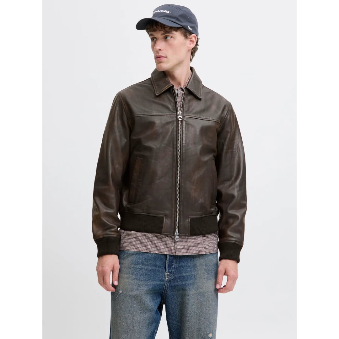 Veste Jack & Jones JORLEATHER Bomber STYD Chocolate Brown